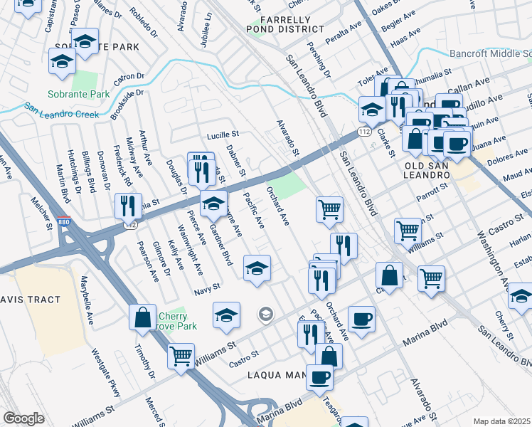 map of restaurants, bars, coffee shops, grocery stores, and more near 1350 Pacific Avenue in San Leandro