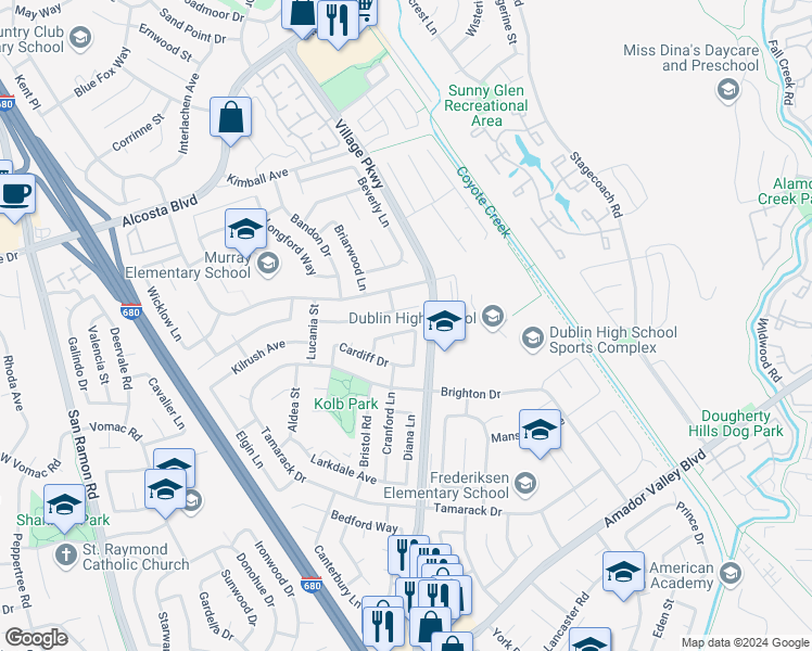 map of restaurants, bars, coffee shops, grocery stores, and more near 7327 Sheffield Lane in Dublin