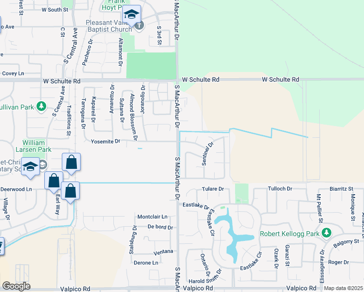 map of restaurants, bars, coffee shops, grocery stores, and more near 610 Yosemite Drive in Tracy