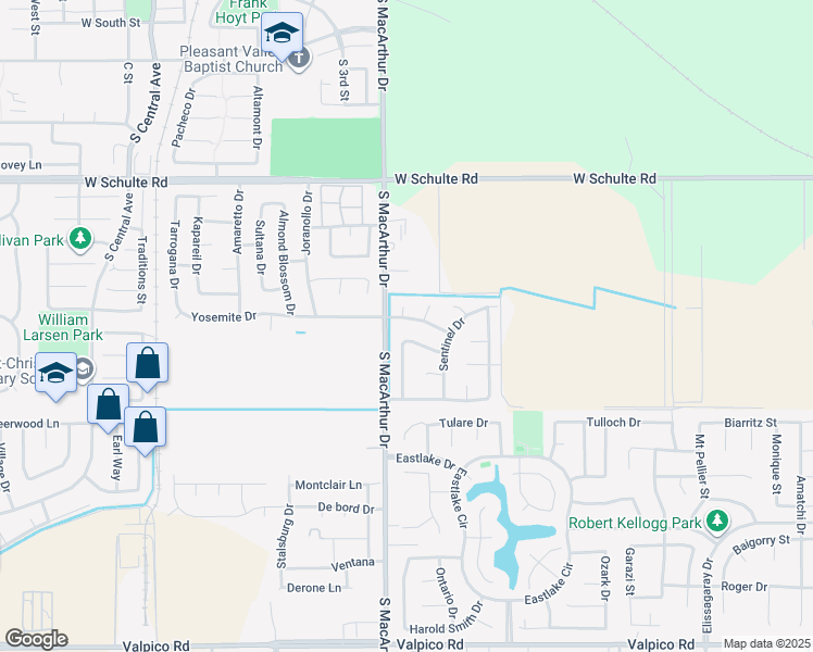 map of restaurants, bars, coffee shops, grocery stores, and more near 610 Yosemite Drive in Tracy