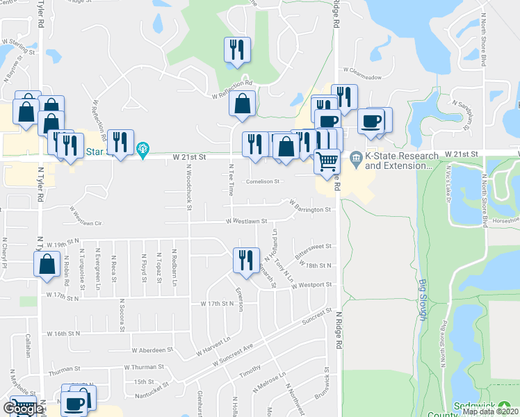 map of restaurants, bars, coffee shops, grocery stores, and more near 7615 West Barrington Street in Wichita
