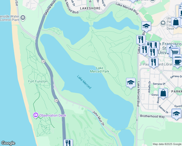 map of restaurants, bars, coffee shops, grocery stores, and more near 99 Harding Rd in San Francisco
