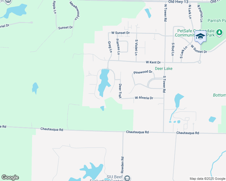 map of restaurants, bars, coffee shops, grocery stores, and more near 605 South Deer Lake Drive East in Carbondale
