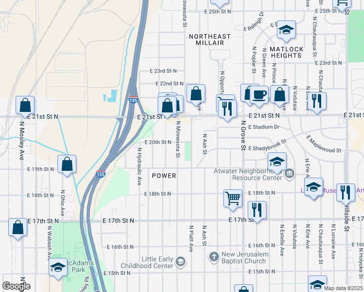 map of restaurants, bars, coffee shops, grocery stores, and more near 2047 North Minnesota Street in Wichita