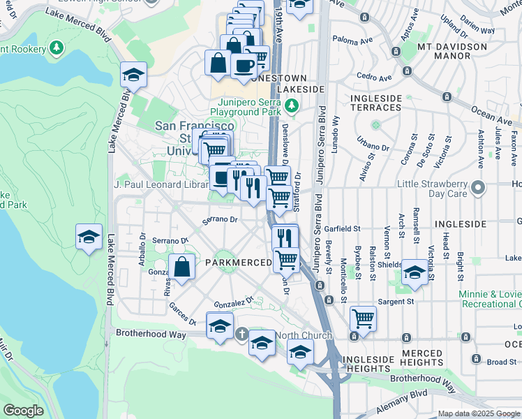 map of restaurants, bars, coffee shops, grocery stores, and more near 3711 19th Avenue in San Francisco