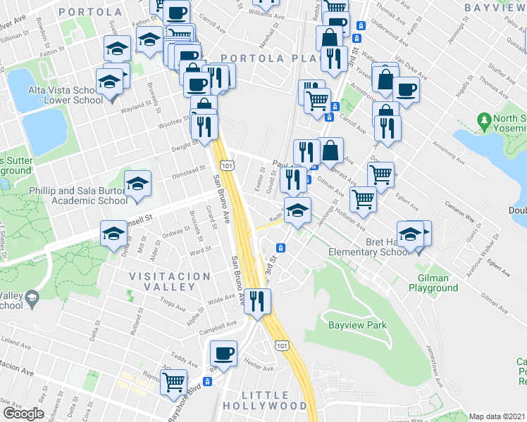 map of restaurants, bars, coffee shops, grocery stores, and more near 1138 Key Avenue in San Francisco