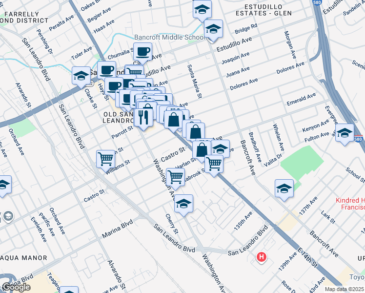 map of restaurants, bars, coffee shops, grocery stores, and more near 60 Castro Street in San Leandro