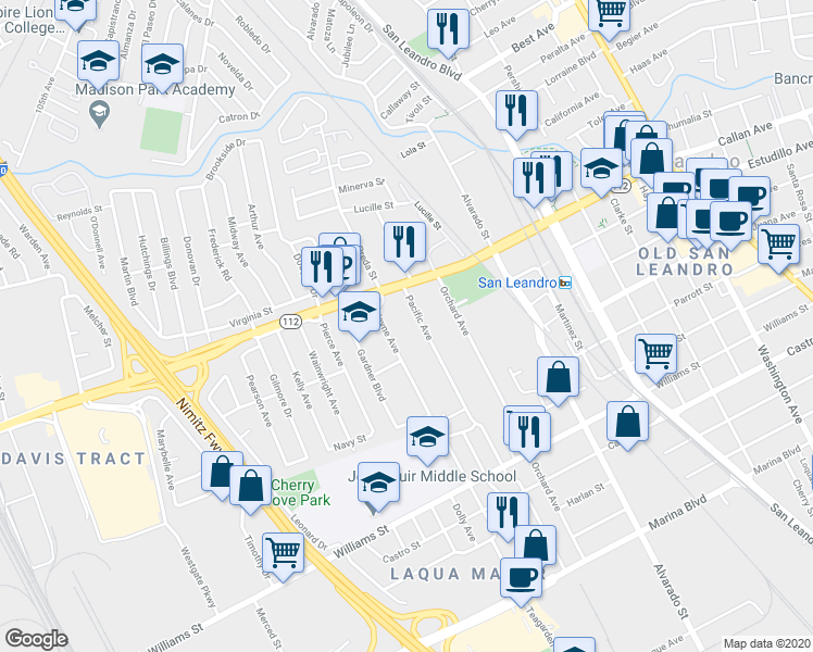 map of restaurants, bars, coffee shops, grocery stores, and more near 1332 Wayne Avenue in San Leandro