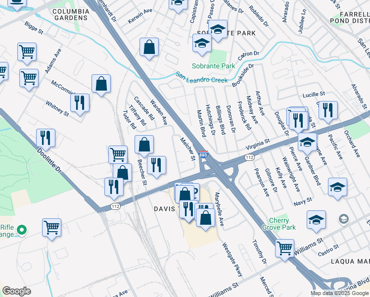 map of restaurants, bars, coffee shops, grocery stores, and more near 991 Melcher Street in San Leandro