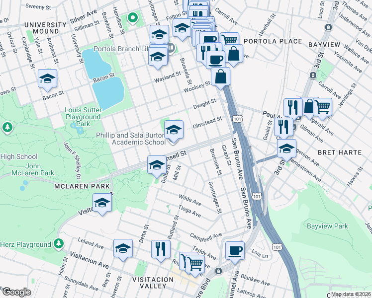map of restaurants, bars, coffee shops, grocery stores, and more near 345 Mansell Street in San Francisco