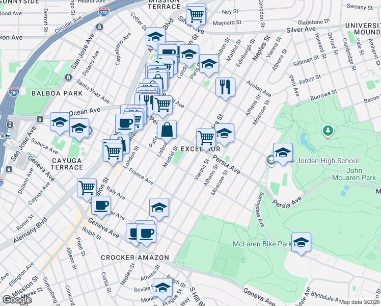 map of restaurants, bars, coffee shops, grocery stores, and more near 515 Naples Street in San Francisco