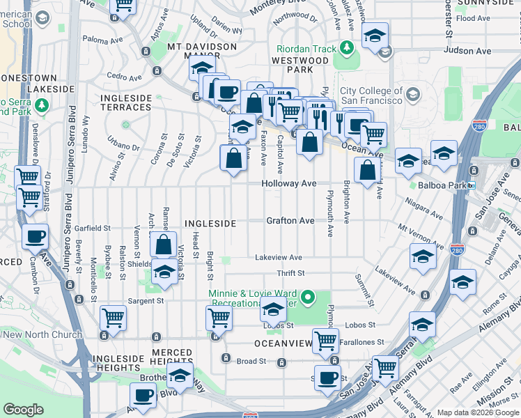 map of restaurants, bars, coffee shops, grocery stores, and more near 322 Faxon Avenue in San Francisco