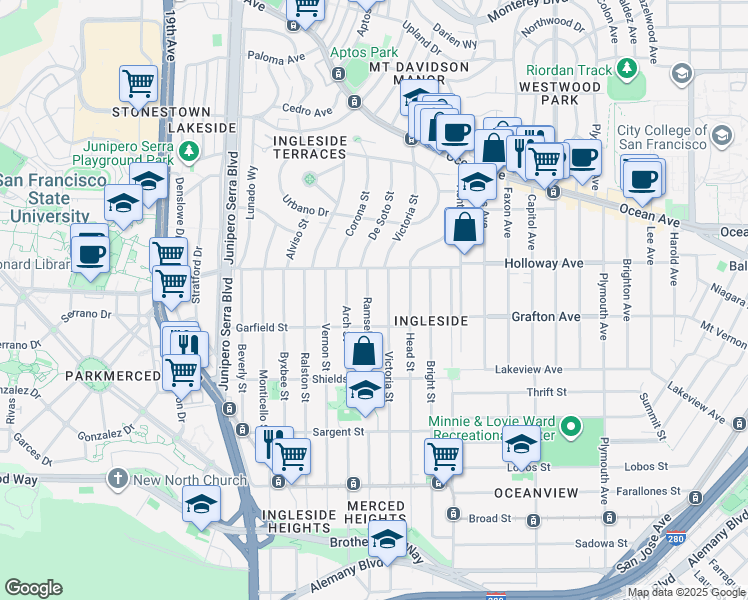 map of restaurants, bars, coffee shops, grocery stores, and more near 540 Ramsell Street in San Francisco