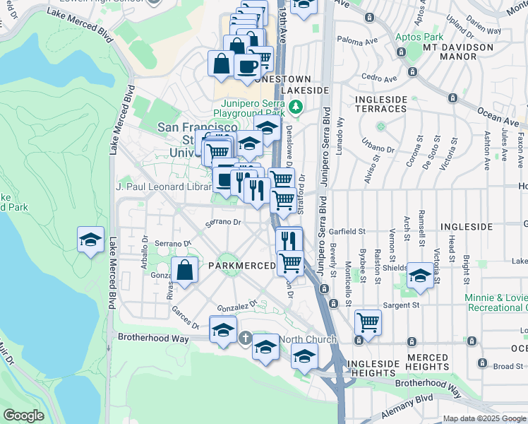 map of restaurants, bars, coffee shops, grocery stores, and more near 2 Varela Avenue in San Francisco