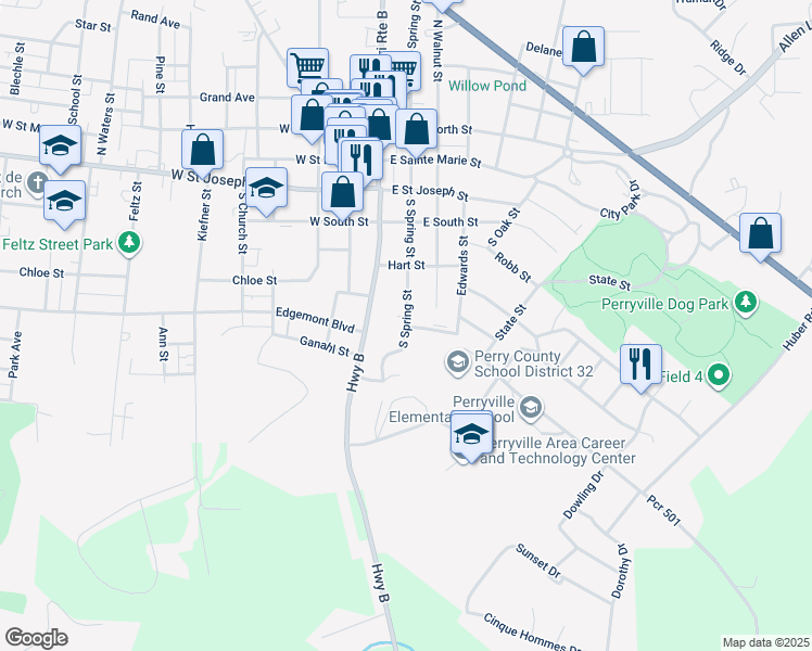 map of restaurants, bars, coffee shops, grocery stores, and more near 404 South Spring Street in Perryville