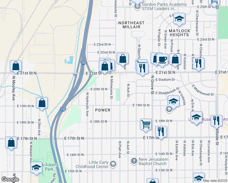 map of restaurants, bars, coffee shops, grocery stores, and more near 2047 North Minnesota Street in Wichita