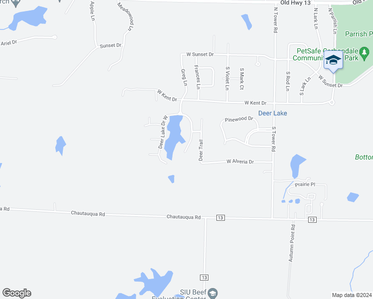 map of restaurants, bars, coffee shops, grocery stores, and more near 625 Deer Lake Drive East in Carbondale