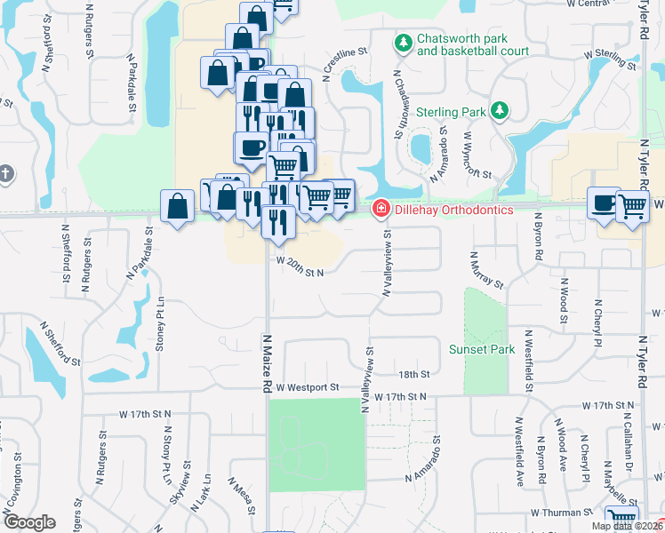 map of restaurants, bars, coffee shops, grocery stores, and more near 10102 West 20th Street North in Wichita