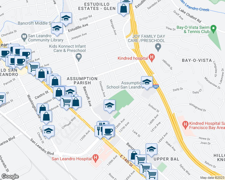 map of restaurants, bars, coffee shops, grocery stores, and more near 2115 Cleveland Street in San Leandro