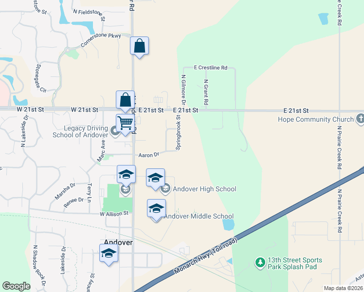 map of restaurants, bars, coffee shops, grocery stores, and more near 1928 Springbrook in Andover