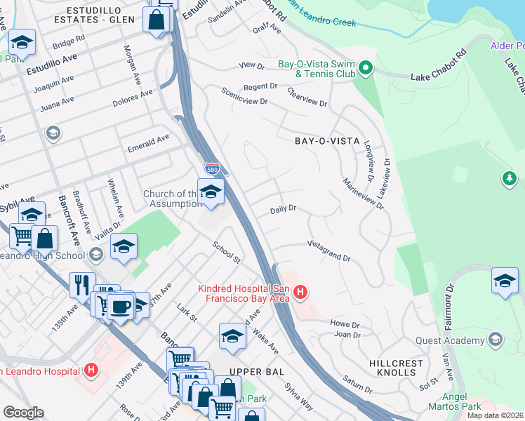 map of restaurants, bars, coffee shops, grocery stores, and more near 1254 Daily Drive in San Leandro