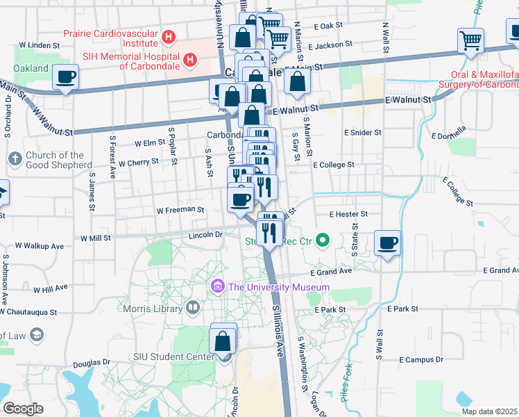 map of restaurants, bars, coffee shops, grocery stores, and more near 700 S Ill Avenue in Carbondale
