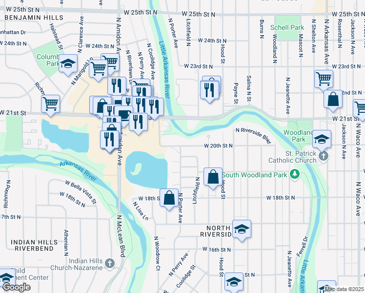 map of restaurants, bars, coffee shops, grocery stores, and more near 1527 W 20th St N in Wichita