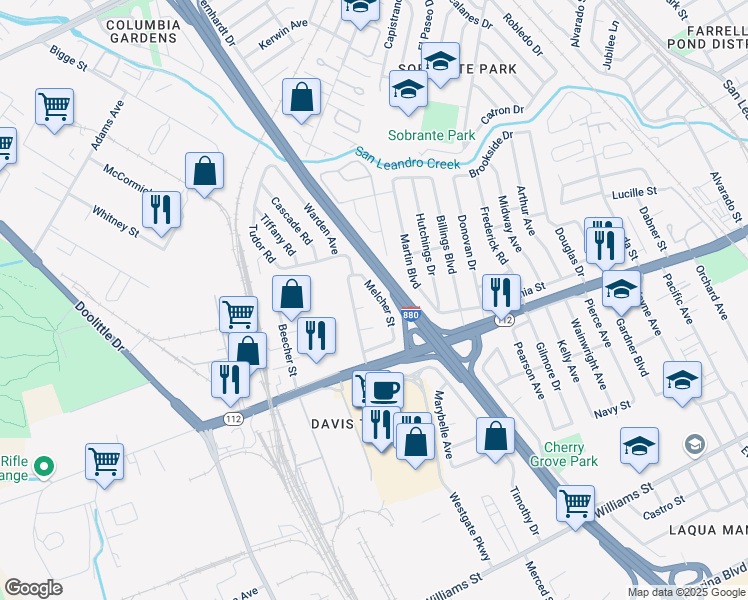 map of restaurants, bars, coffee shops, grocery stores, and more near 991 Melcher Street in San Leandro