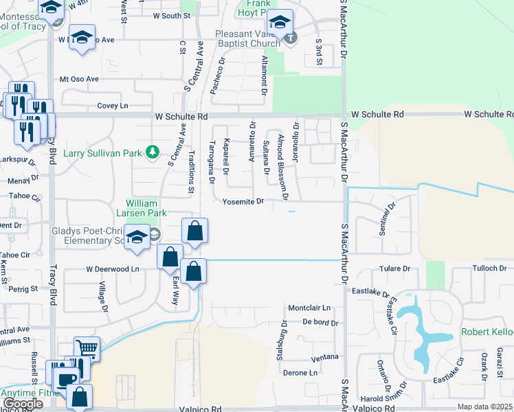 map of restaurants, bars, coffee shops, grocery stores, and more near 200 Yosemite Drive in Tracy