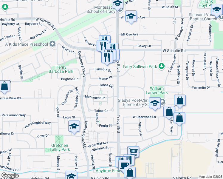 map of restaurants, bars, coffee shops, grocery stores, and more near 1555 Tahoe Circle in Tracy