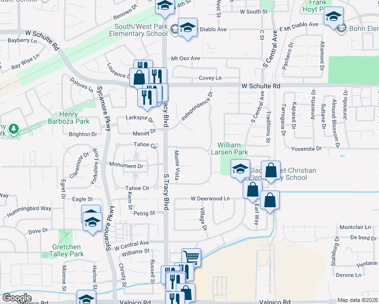 map of restaurants, bars, coffee shops, grocery stores, and more near 480 Buena Tierra Drive in Tracy