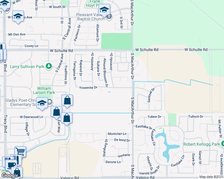 map of restaurants, bars, coffee shops, grocery stores, and more near 370 Yosemite Drive in Tracy