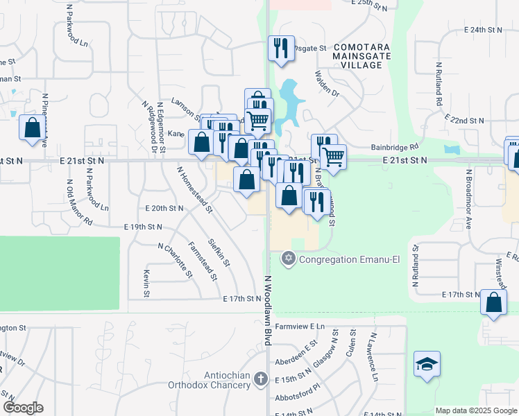 map of restaurants, bars, coffee shops, grocery stores, and more near 2037 North Woodlawn Boulevard in Wichita