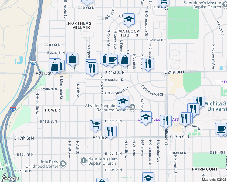 map of restaurants, bars, coffee shops, grocery stores, and more near 2508 East Shadybrook Street in Wichita