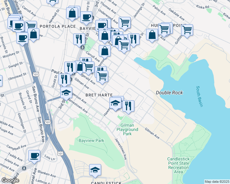 map of restaurants, bars, coffee shops, grocery stores, and more near 1213 Egbert Avenue in San Francisco