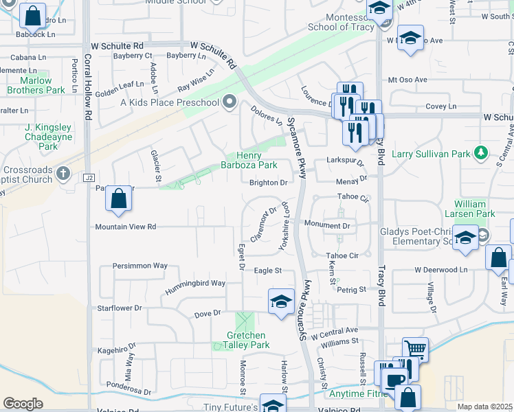 map of restaurants, bars, coffee shops, grocery stores, and more near 1429 Bluesage Court in Tracy