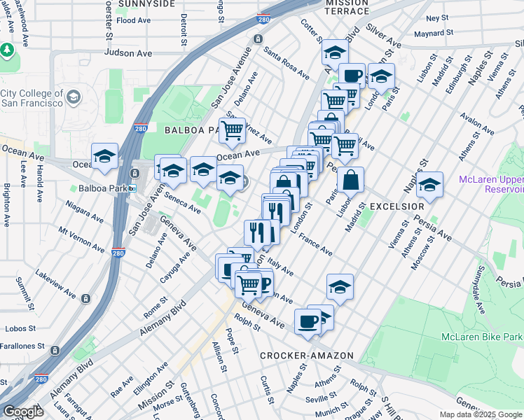 map of restaurants, bars, coffee shops, grocery stores, and more near 4840 Mission Street in San Francisco