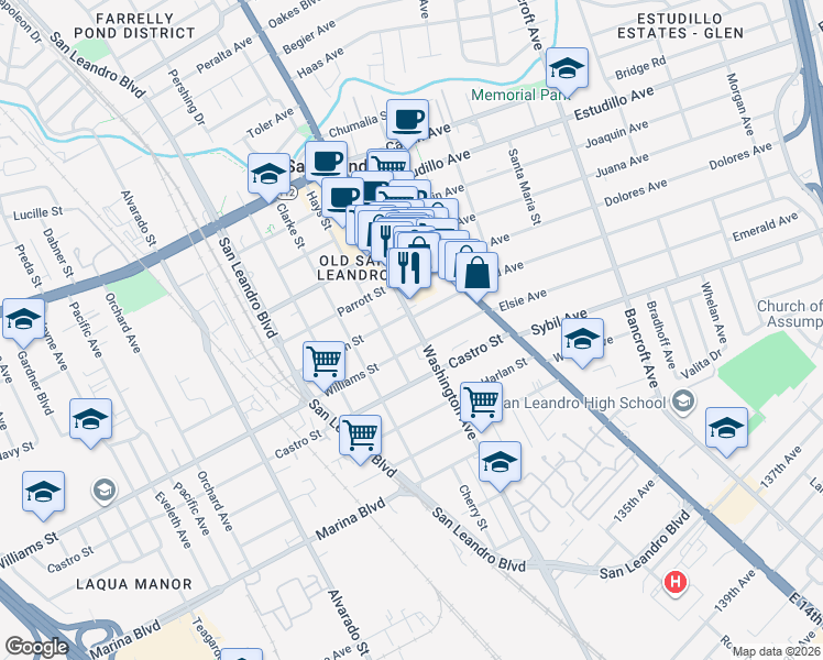 map of restaurants, bars, coffee shops, grocery stores, and more near 1755 Washington Avenue in San Leandro