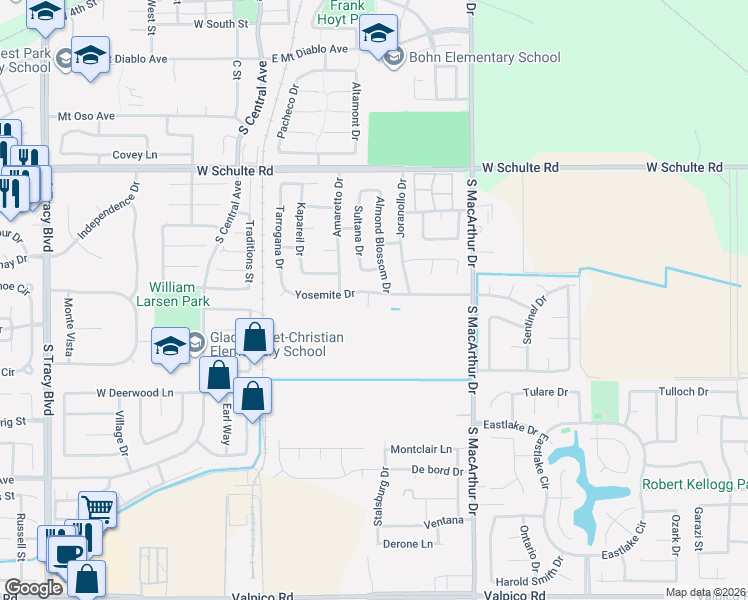 map of restaurants, bars, coffee shops, grocery stores, and more near 320 Yosemite Drive in Tracy