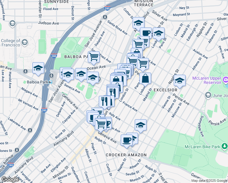 map of restaurants, bars, coffee shops, grocery stores, and more near 4840 Mission Street in San Francisco