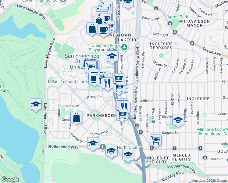 map of restaurants, bars, coffee shops, grocery stores, and more near 242 Denslowe Drive in San Francisco