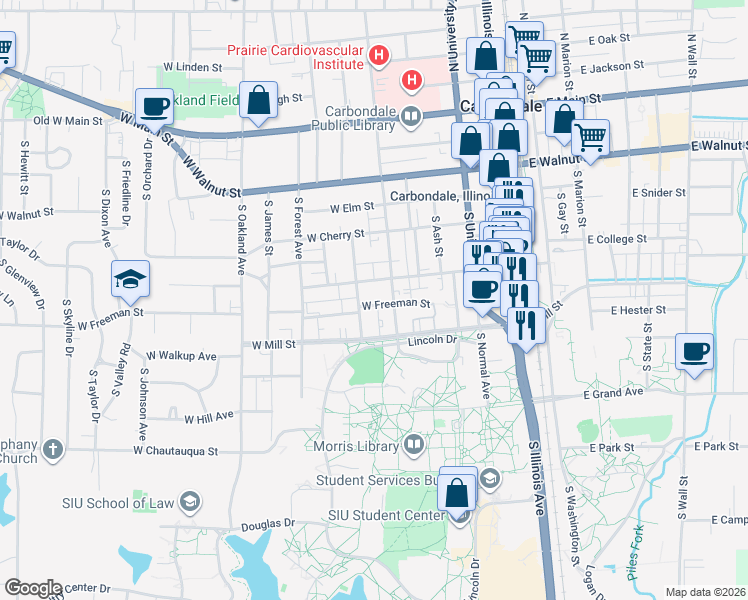 map of restaurants, bars, coffee shops, grocery stores, and more near 700 South Poplar Street in Carbondale