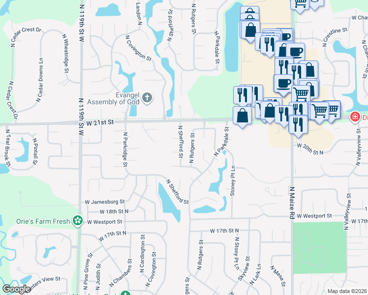 map of restaurants, bars, coffee shops, grocery stores, and more near 2021 North Rutgers Street in Wichita