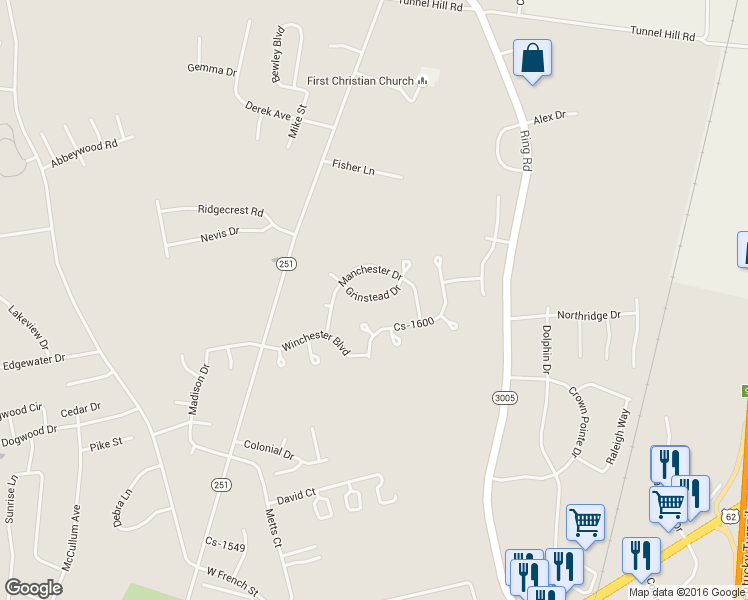 map of restaurants, bars, coffee shops, grocery stores, and more near 1508 Grinstead Drive in Elizabethtown