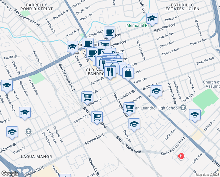 map of restaurants, bars, coffee shops, grocery stores, and more near 1755 Washington Avenue in San Leandro
