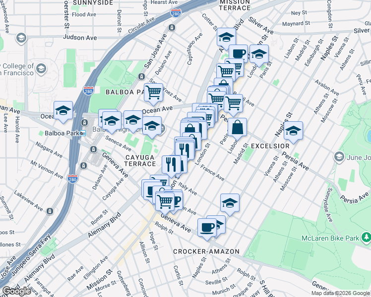 map of restaurants, bars, coffee shops, grocery stores, and more near 4840 Mission Street in San Francisco