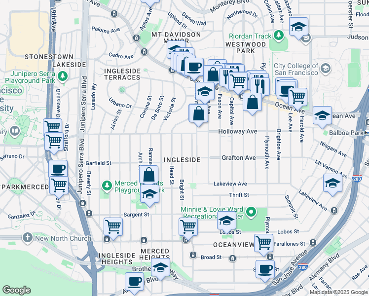 map of restaurants, bars, coffee shops, grocery stores, and more near 554 Bright Street in San Francisco