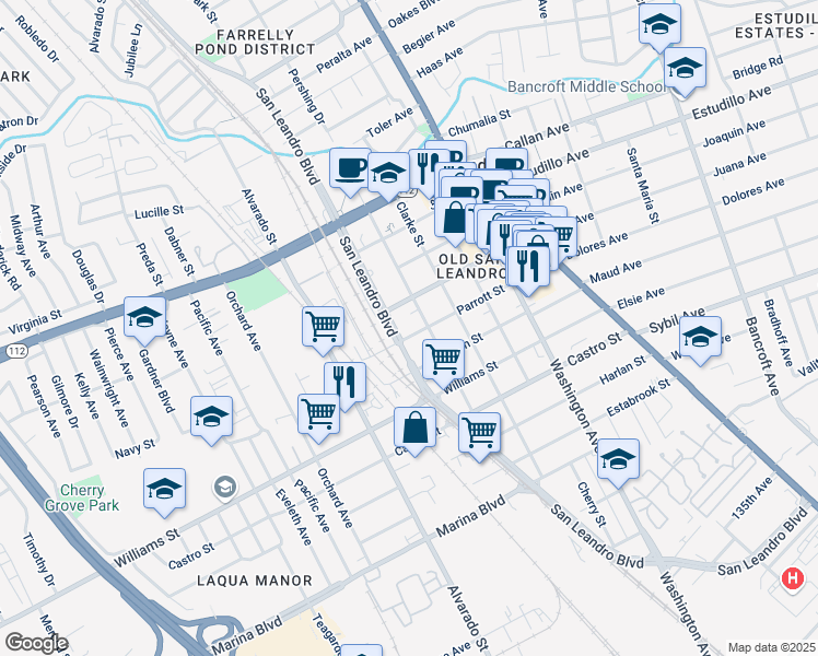 map of restaurants, bars, coffee shops, grocery stores, and more near 568 Parrott Street in San Leandro