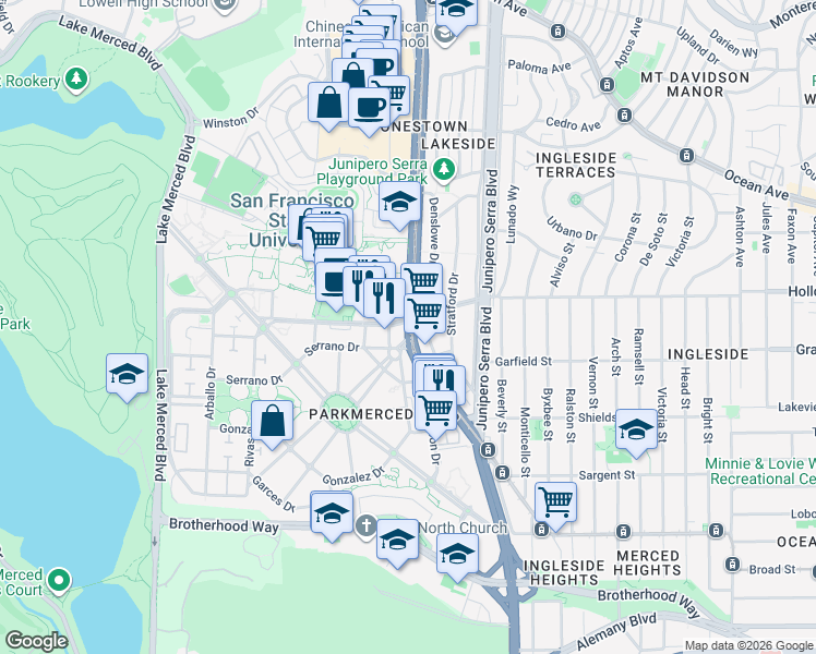 map of restaurants, bars, coffee shops, grocery stores, and more near 3711 19th Avenue in San Francisco