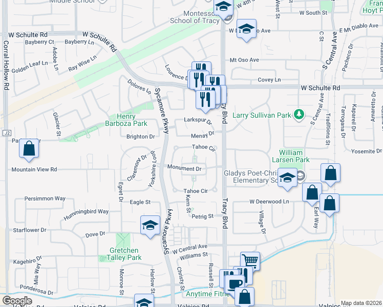 map of restaurants, bars, coffee shops, grocery stores, and more near 1445 Alpine Court in Tracy